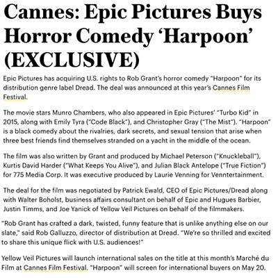Cannes: Epic Pictures Buys Horror Comedy ‘Harpoon’ (EXCLUSIVE)